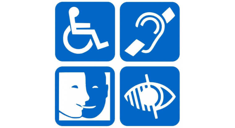 Disability icons: motor, hearing, vision and speach