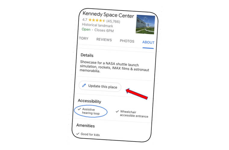 An iPhone screenshot of the Kennedy Center's location on Google Maps that affirms an assistive hearing loop at the location