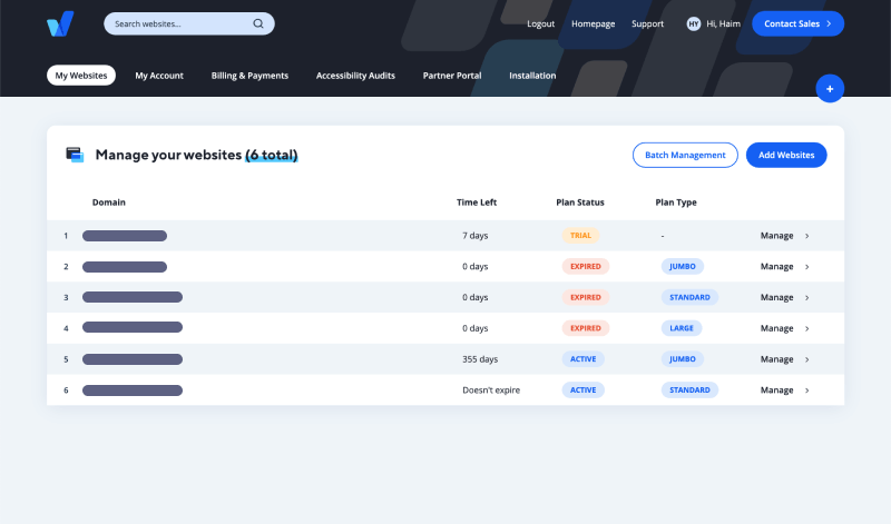 Screenshot of the websites list in the new dashboard
