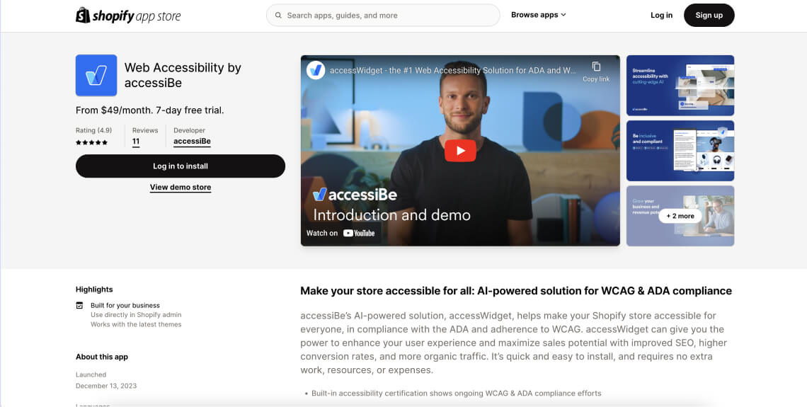 Screenshot of the accessWidget app on Shopify's app store.