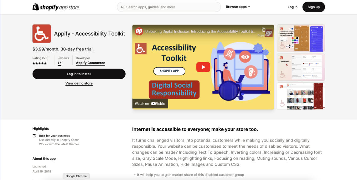 Screenshot of the Accessibility by AppifyCommerce app on Shopify's app store.