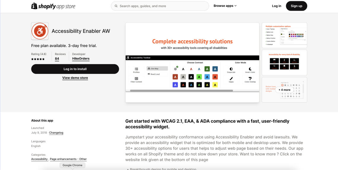 Screenshot of the Accessibility Enabler AW app on Shopify's app store.