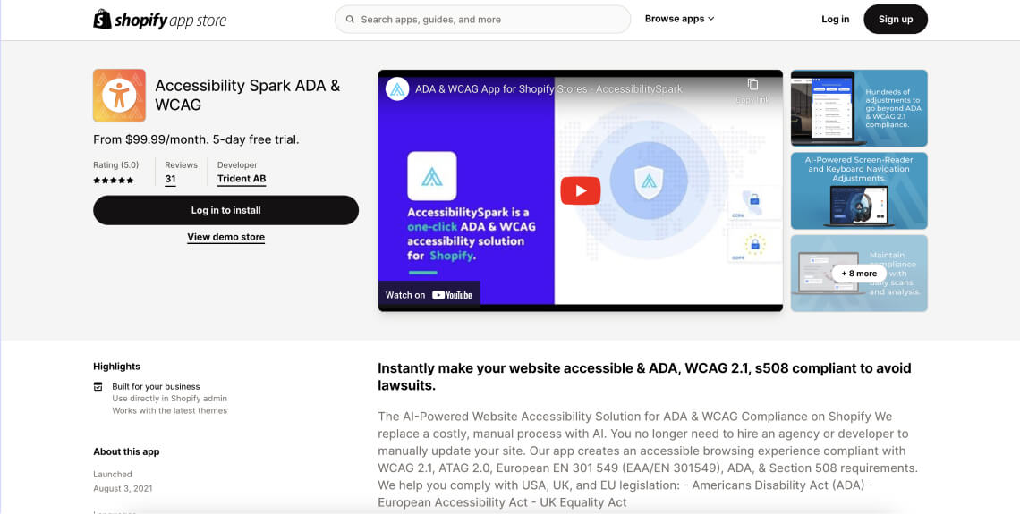 Screenshot of the Accessibility Spark app on Shopify's app store.