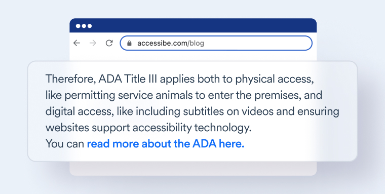 A blog paragraph where the text “read more about the ADA here” is the anchor text.