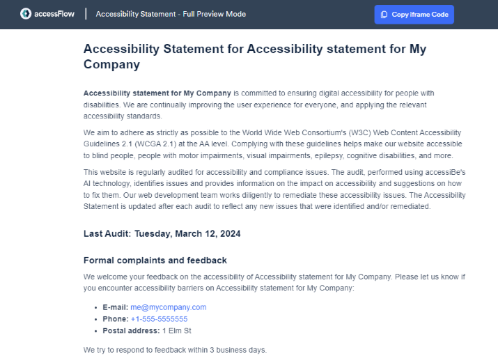 Screenshot of accessibility statement preview