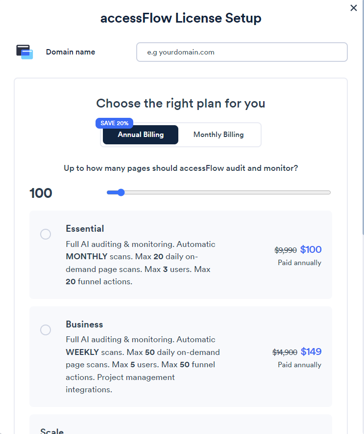 Screenshot of choose a plan