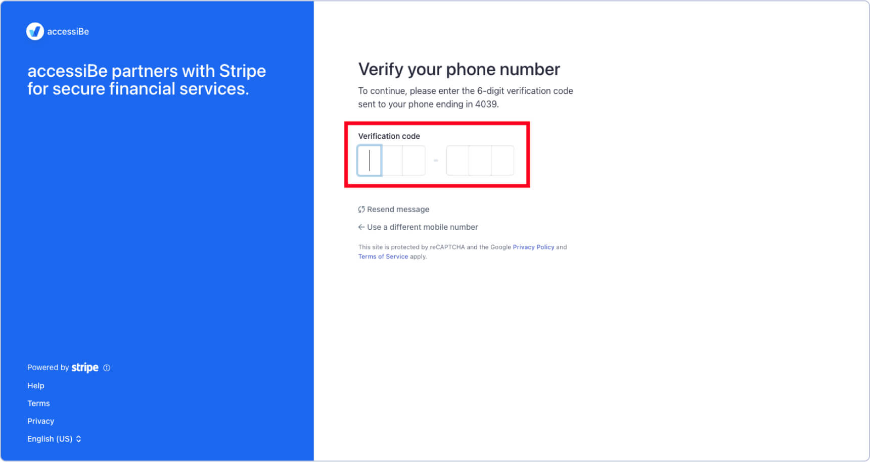 Screenshot of the phone verification stage, highlighting the section where you should add the 6 digit code received to your mobile