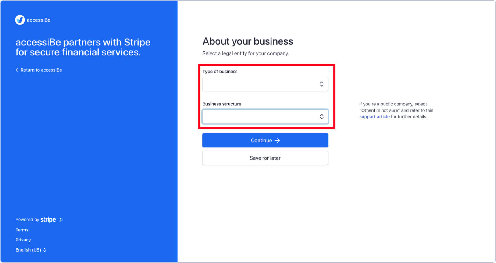 Screenshot of the next step of setting up your Stripe account - About your business - highlighting the business questions section