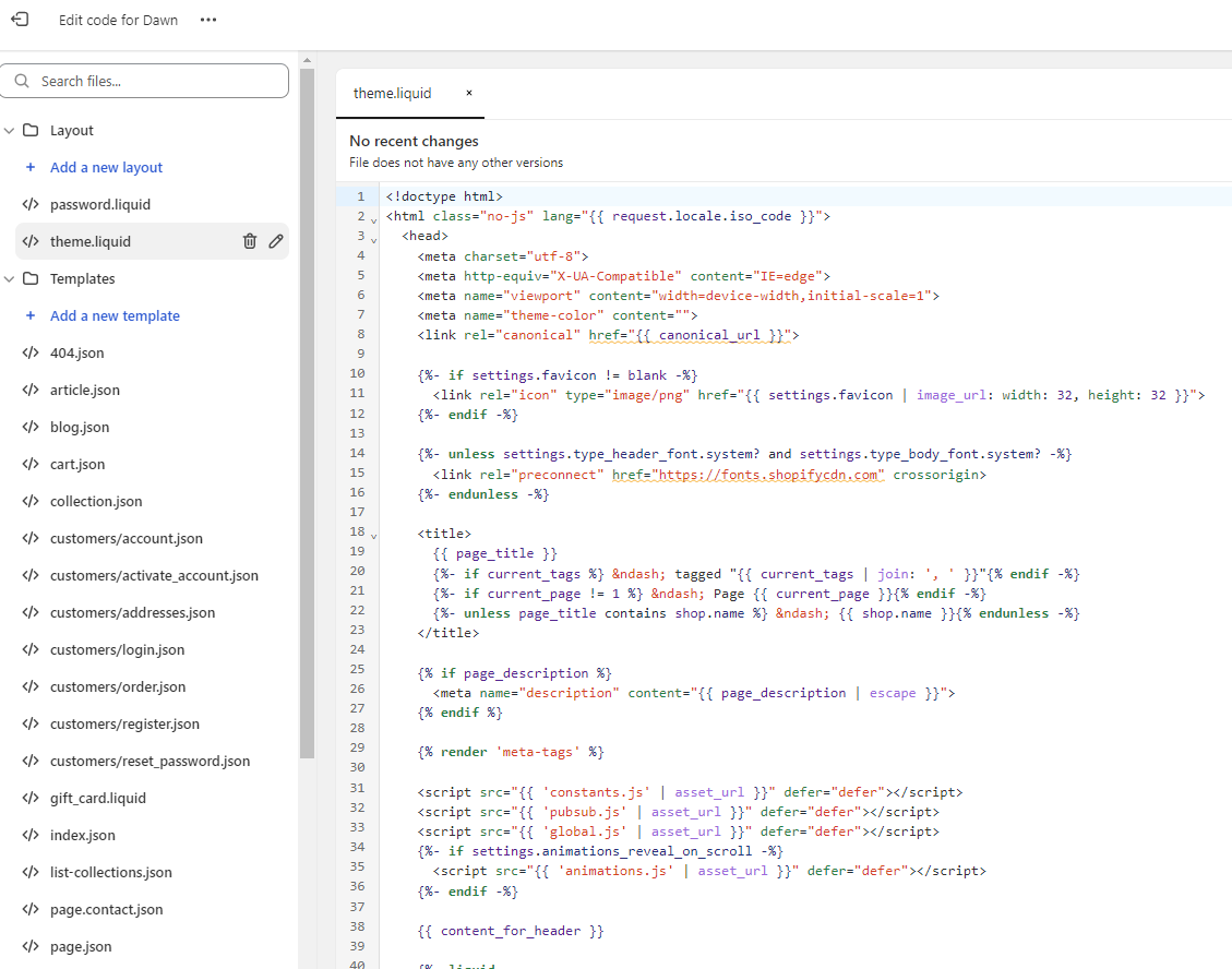 Screenshot of theme code